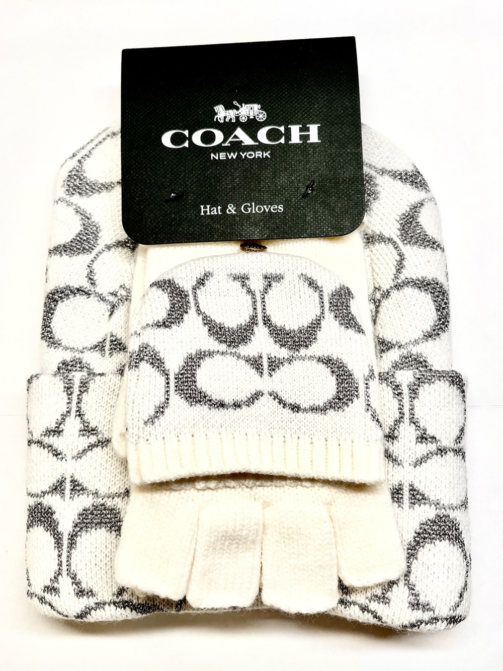 Coach Metallic Beanie & Fingerless Gloves Mitten Gift Set NWT